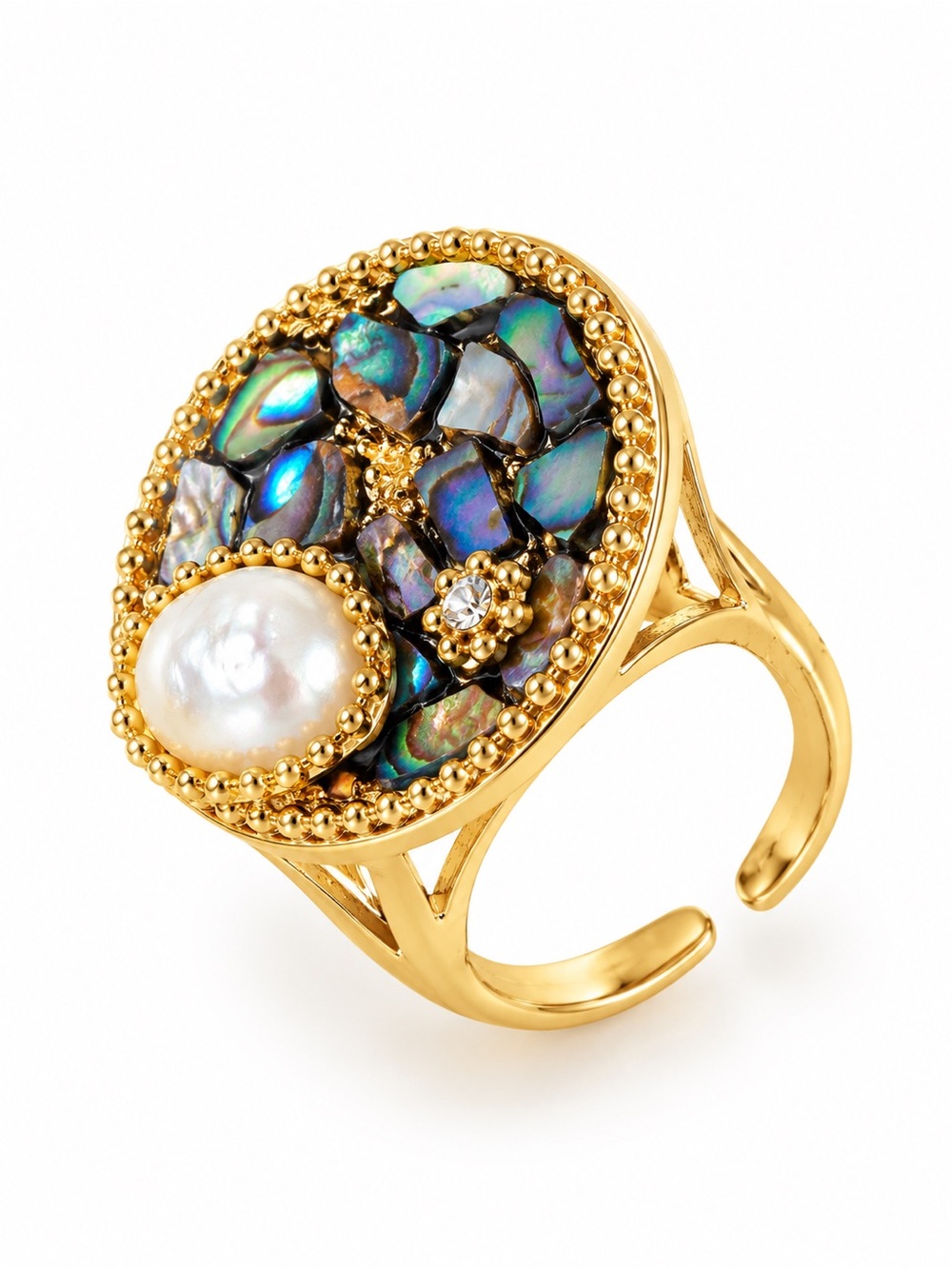 Handmade Abalone Shell & Freshwater Pearl Adjustable Statement Ring